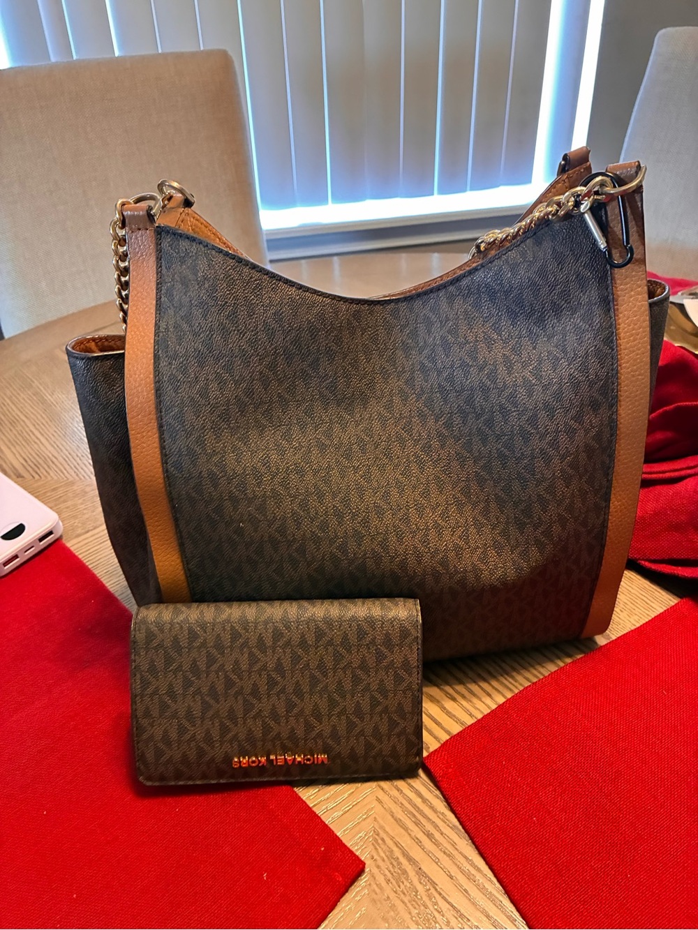 Michael Kors Brown Logo Shoulder Hobo with Tan Trim and Matching Wallet